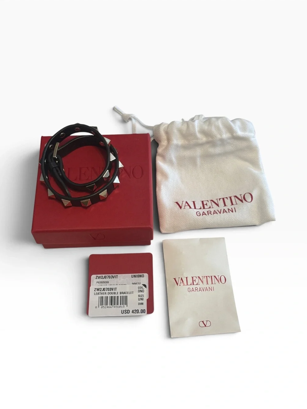 NWT! Valentino Garavani Black Leather Double Wrap Gold Studded Bracelet with Box
